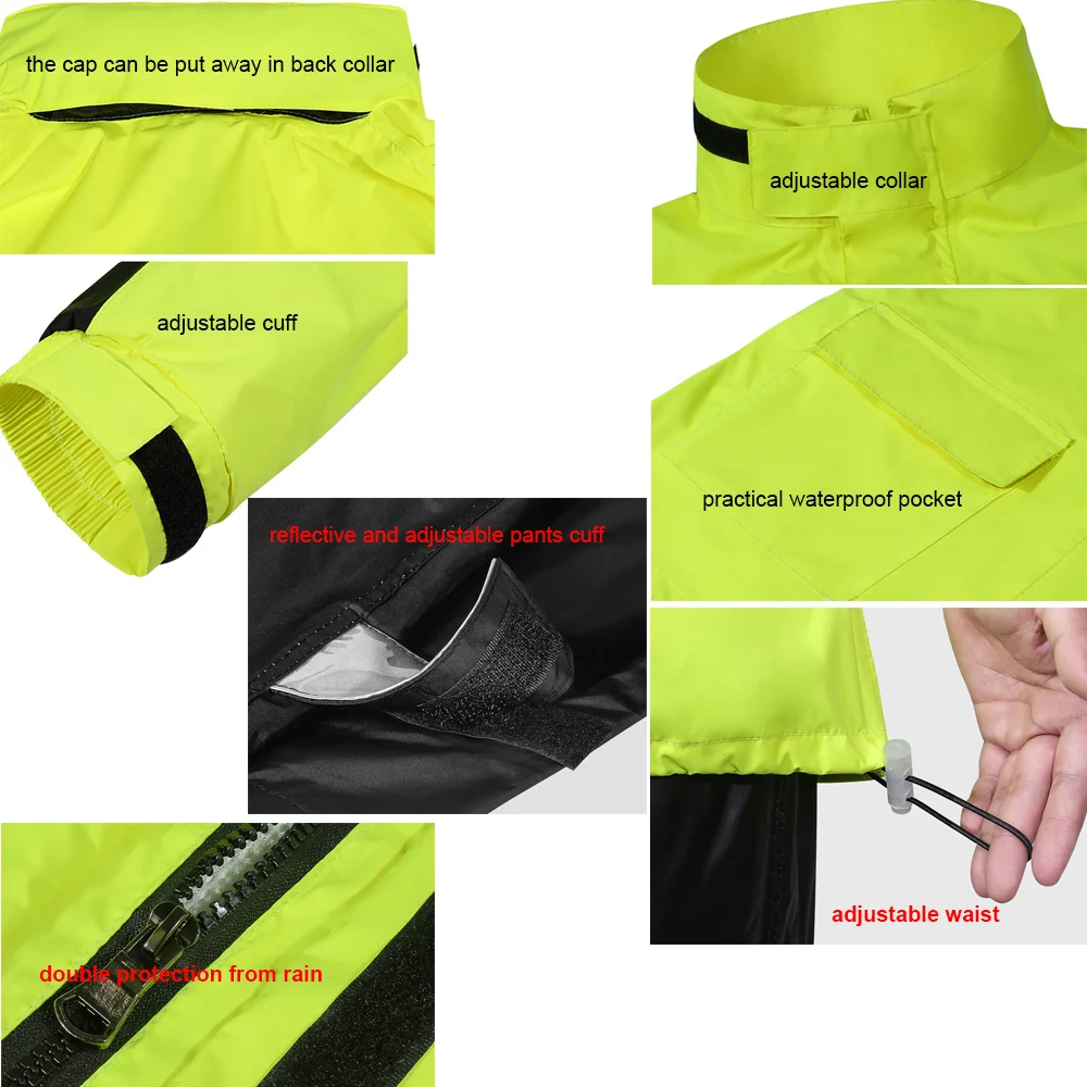 Windproof e impermeável Raincoat motocicleta, Raincoat Split reflexivo, jaqueta, calças, ciclismo, moto equitação, boné chapéu, bolso