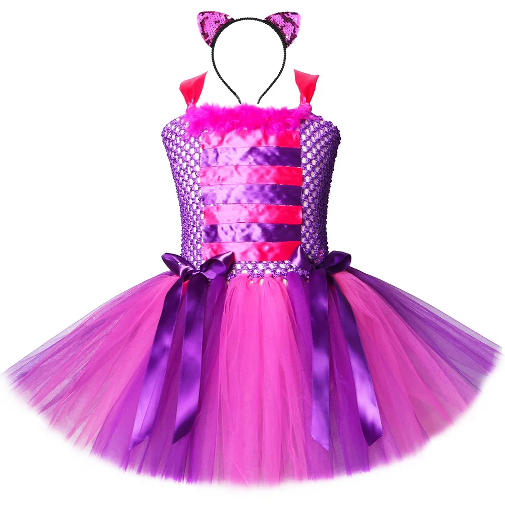 Alice In Wonderland Cheshire Cat Girls Tutu Dress Hot Pink Purple Cartoon Tulle Girls Party Dress Kids Halloween Cosplay Costume