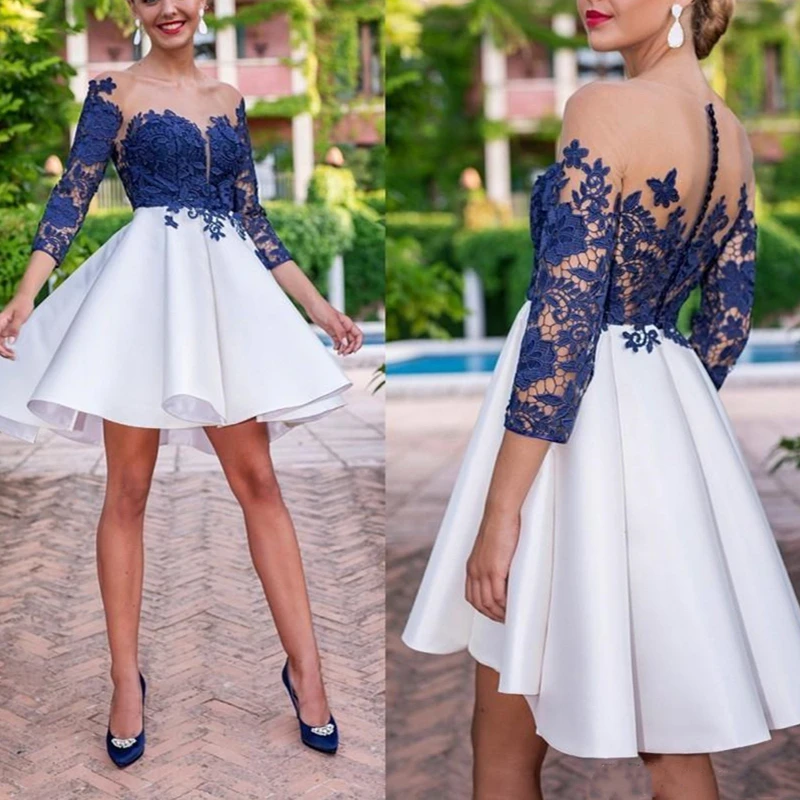 Elegant 3/4 Sleeve Homecoming Dresses 2023 A-Line Sheer O-Neck Lace Appliques Satin Short Party Prom Gown Button Above Knee