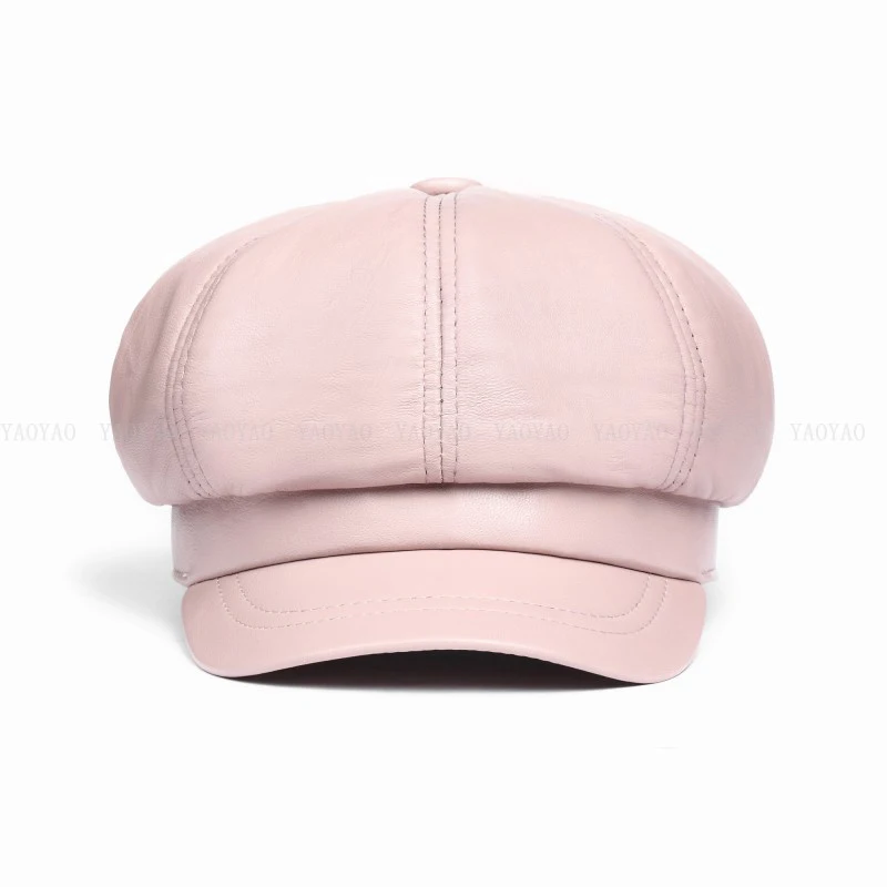 Winter/Spring Women Hat Genuine Leather Short Brim Caps Pink/Blue Dome Beret Hats