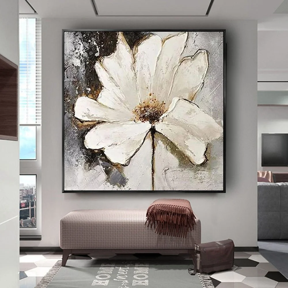 

Hand Painted White Flowers Oil Painting Thick Textured Modern Canvas Painting Salon Wall Art For Living Room Home Decor Mural