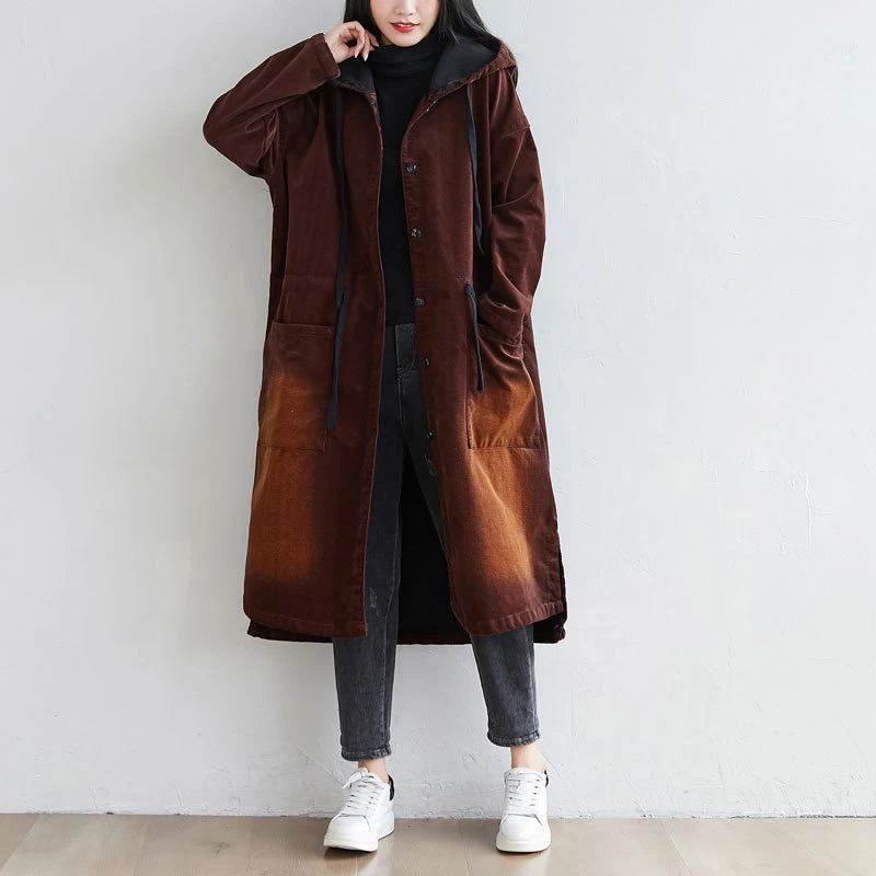 Women\'s Loose Thick Winter Corduroy Coat, Casual Fleece Hooded Cardigan, Large Size, Baggy Warm Wadded Coat, Chinese Style