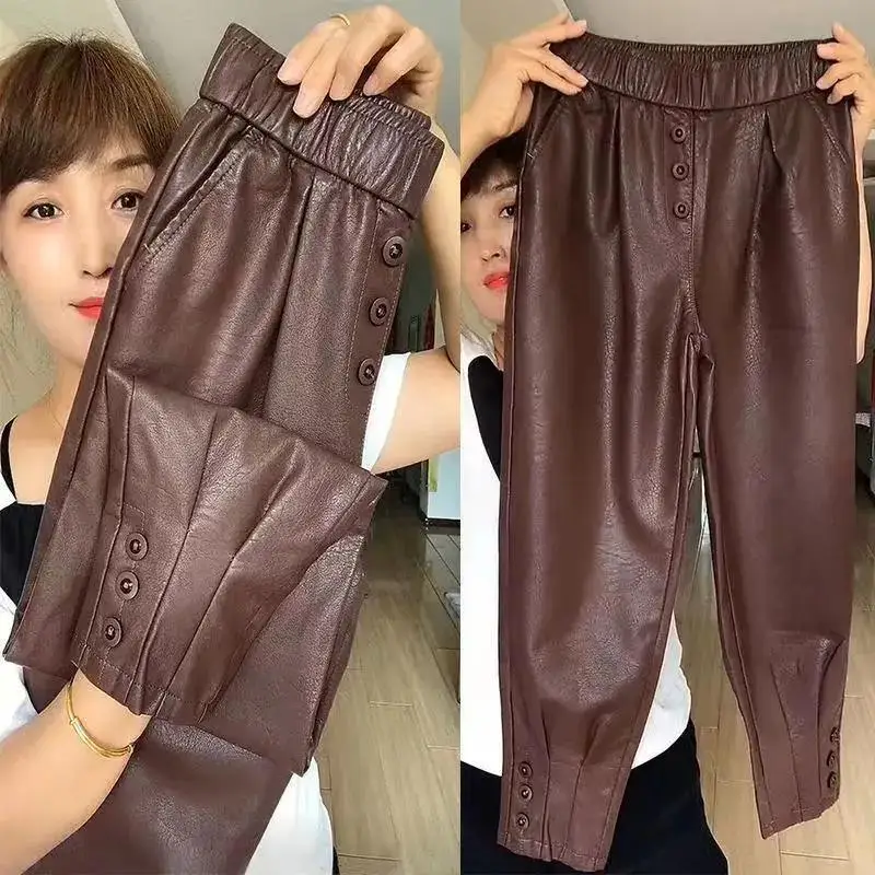 Fashion PU Leather Pants Women\'s Spring Autumn High-Waist Trousers Elastic Pants Winter Add Fleece Black Harem Pants Female