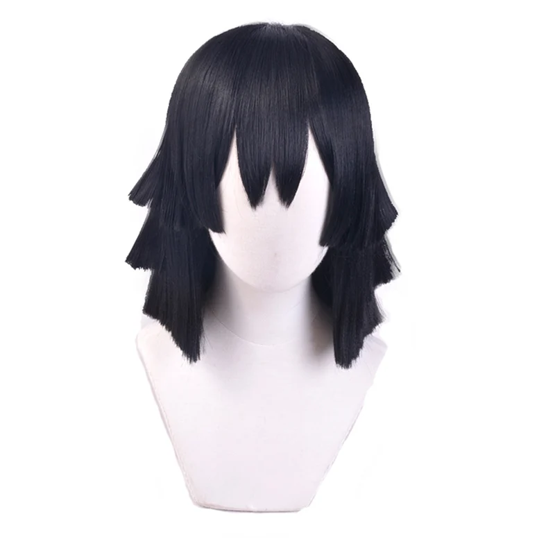 Iguro obanai curto preto estilo peruca demon slayer kimetsu não yaiba resistente ao calor do cabelo cosplay perucas traje + peruca livre boné