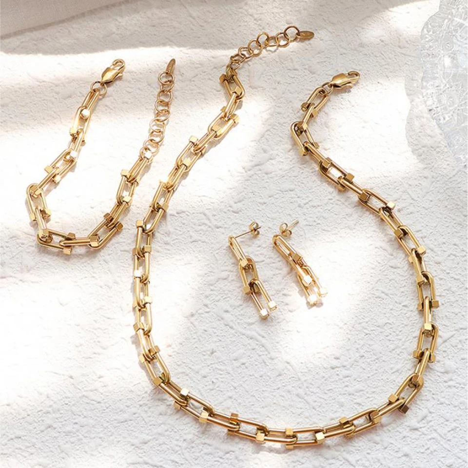 New Luxury Never Fade Gold Color Jewelry Sets For Women 316L 18 K Stainless Steel Fashion Necklace Bracelet Earrings 3 Pcs/Sets