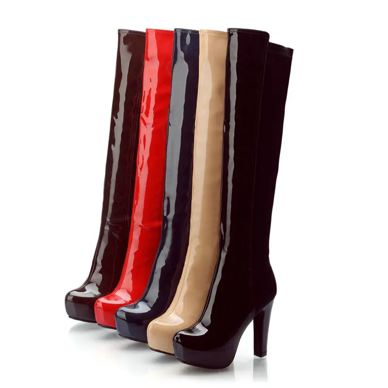 2020 Fashion Women Knee High Boots Platform Square High Heel Women Long Boots Zipper Patent PU Leather Women Stretch Boots