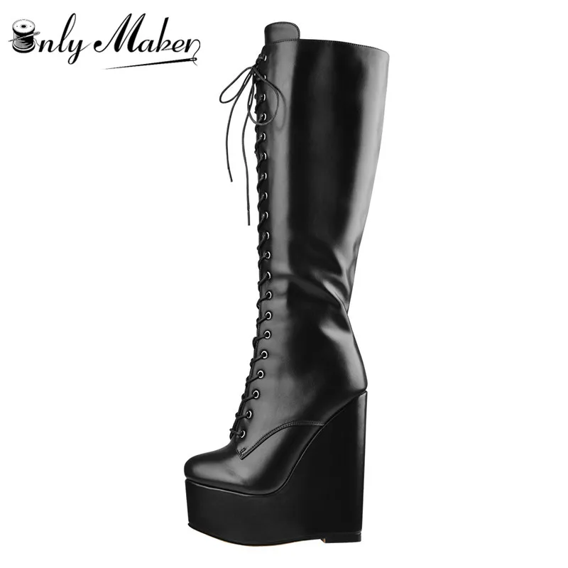 Onlymaker Women Platform Wedge Heels Knee High Boots Lace Up  Side Zip Heeled Plus Size Black Handmade Boots