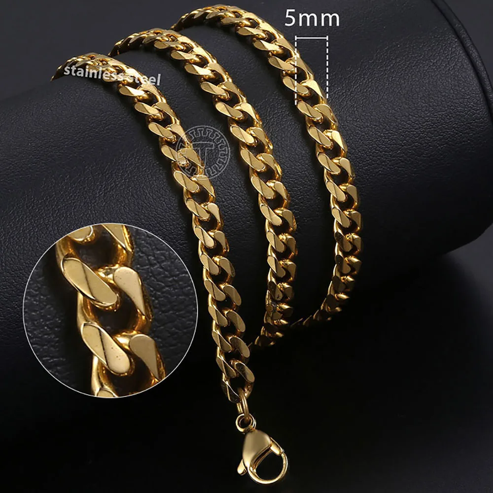 Gold Color Stainless Steel Curb Chain Necklace for Men Women 3 TO 11 MM Neck Chain Choker Vintage Jewelry