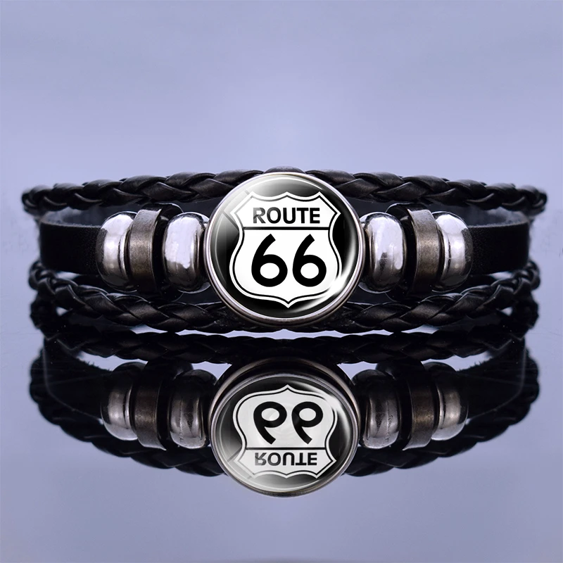 Route 66 Sign Bracelets Men Women Punk Woven Bracelet Route 66 Jewelry Travel Gifts Black Leather Bracelet Unisex Accessories