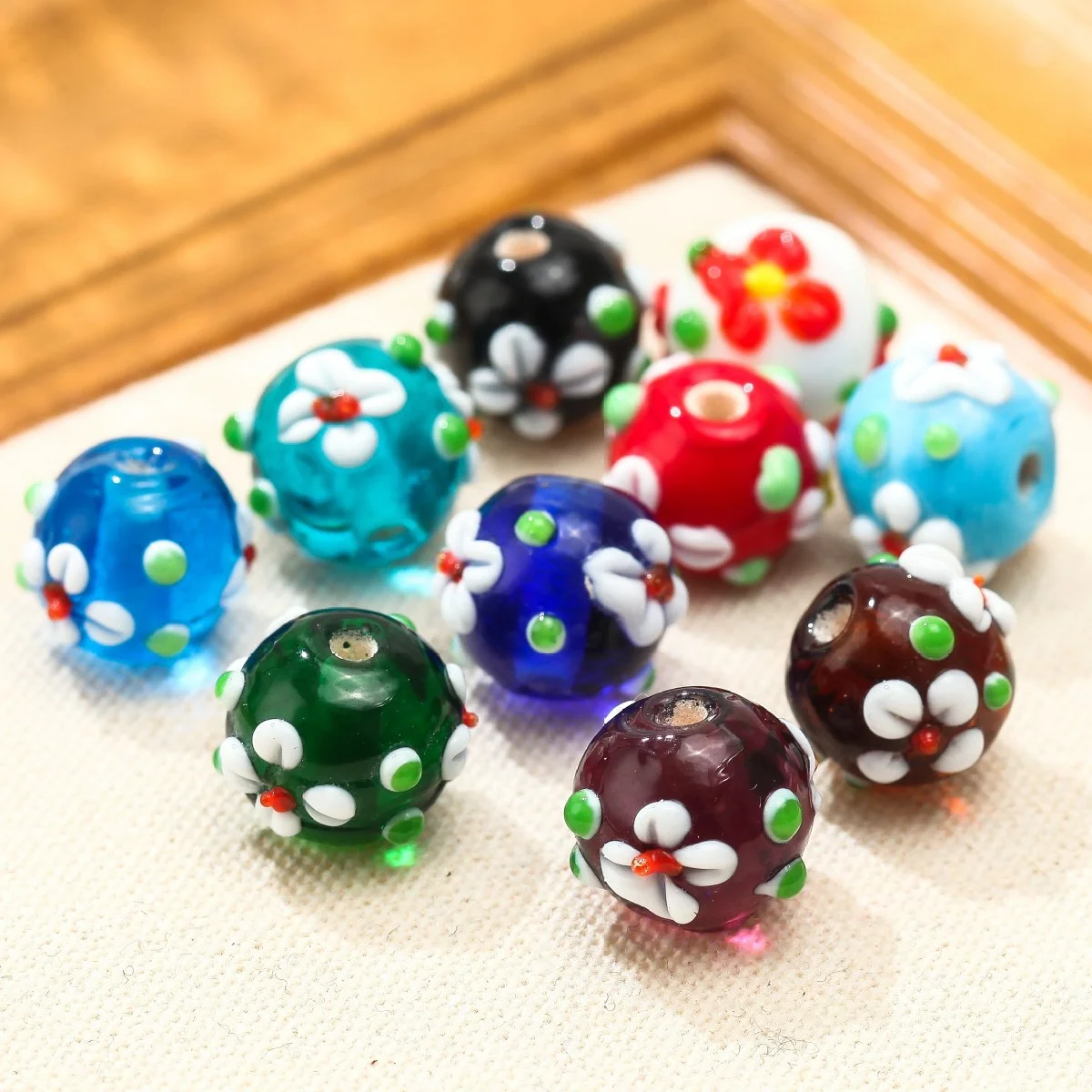 5pcs Flower Round 12mm Handmade Lampwork Glass Loose Beads for Jewelry Making DIY Crafts Findings