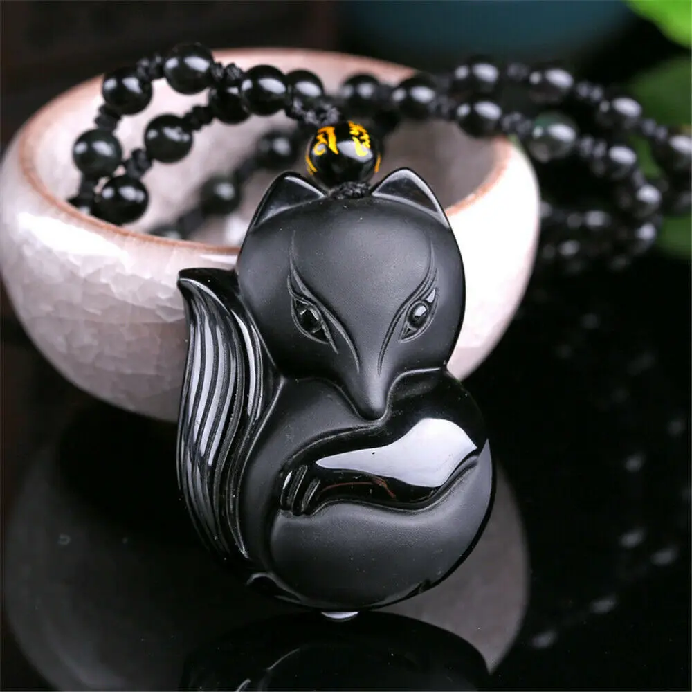Natural Obsidian Hand Carved Fox Chain Lucky Pendant retro Chain elegant diy