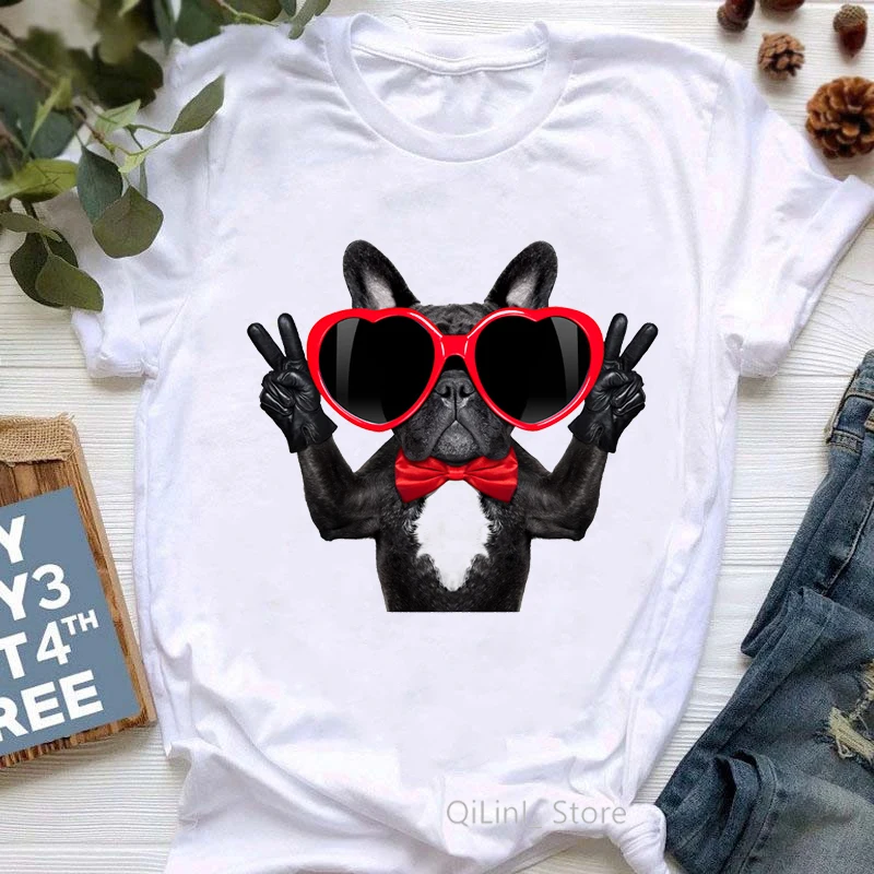 

Funny Glass French Bulldog Animal Print T-Shirt Women Summer Geek Top Student Girl 90s 00s Cool Streetwear Top Aesthetic Clothes