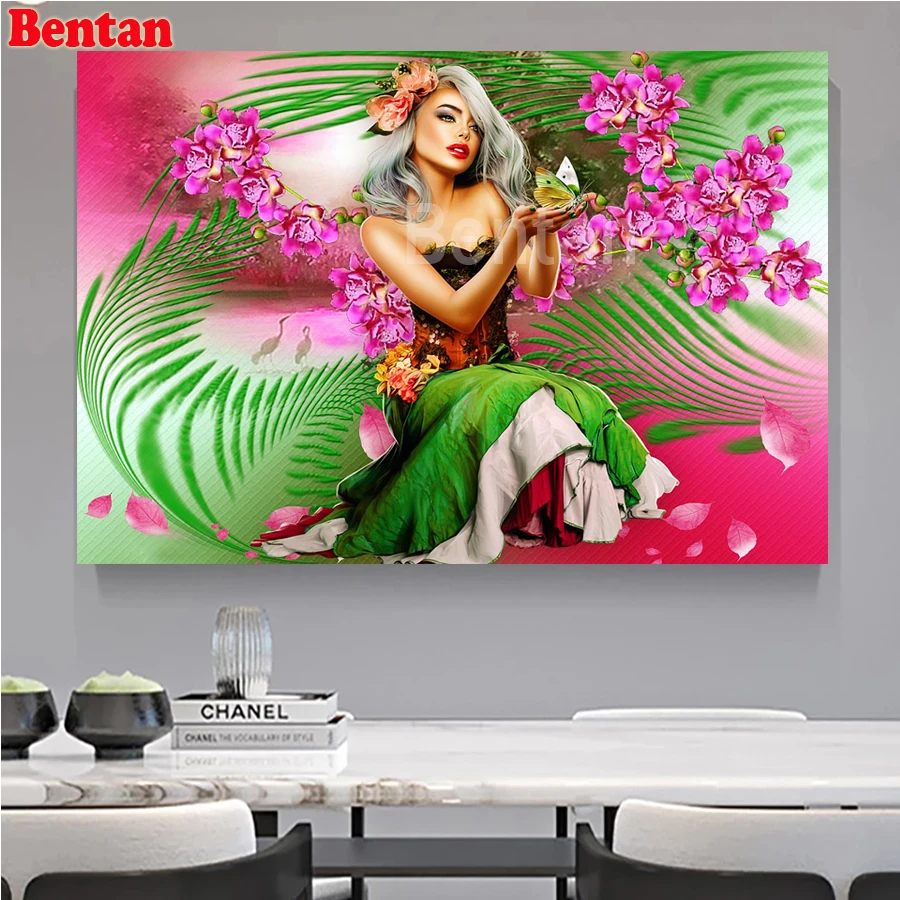 Full Diamond Embroidery Cross Stitch Beauty girl magnolia flower 5D Diy Diamond Painting Kits Handmade Gift Mosaic Home Decor