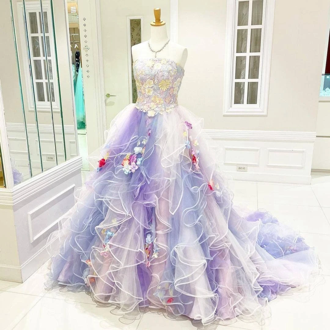 

Intricate Prom Dresses Strapless Embroidery Applique 3D Flowers Colorful Layered Ruffles Tulle Pageant Dress Homecoming Gowns