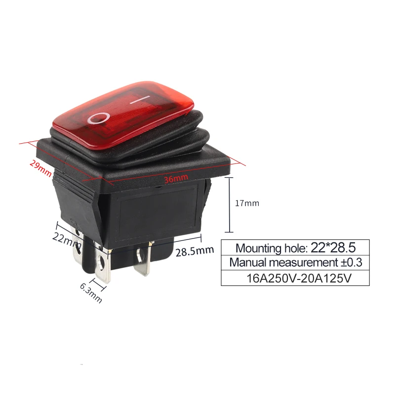 1PCS 36x29mm Heavy Duty Waterproof Rocker Switch 4/6Pin 2/3 Position Light Illuminated 16A 250V KCD4 DPDT Toggle Rocker Switch
