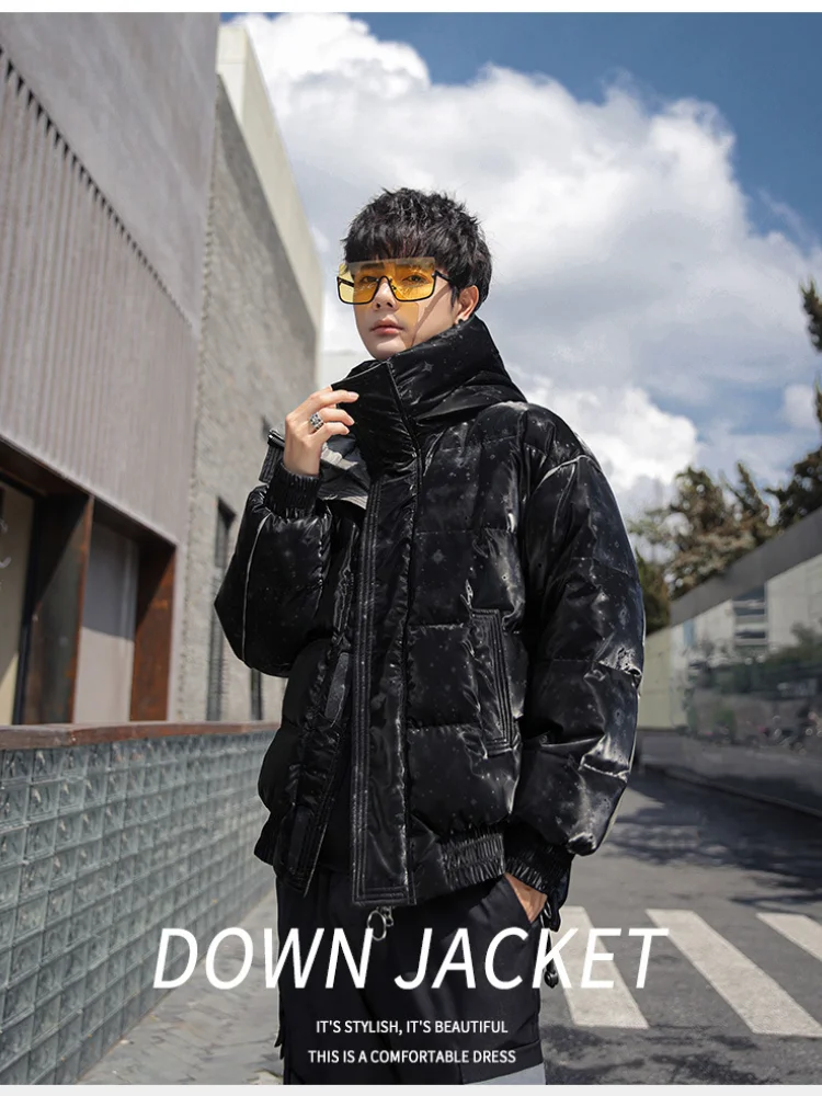 New Youth Handsome Glossy Trendy Down Jacket Winter Mens Short Type Thickened Parka Coat 90% White Duck Down Clothes