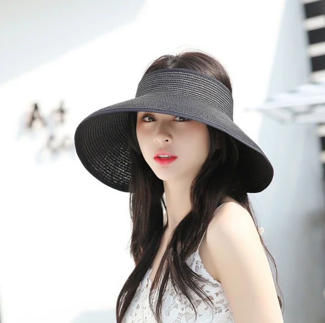 New Women Summer Visors Hat Foldable Sun Hat Wide Large Brim Beach Hats Straw Hat chapeau femme Beach UV Protection Cap Black