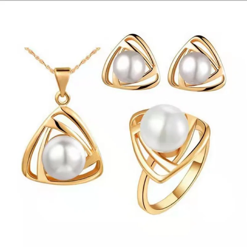 2021 Fashion casual triangular pearl Hollow out necklace + stud + ring 3 piece set Women\'s classic accessories jewelry set