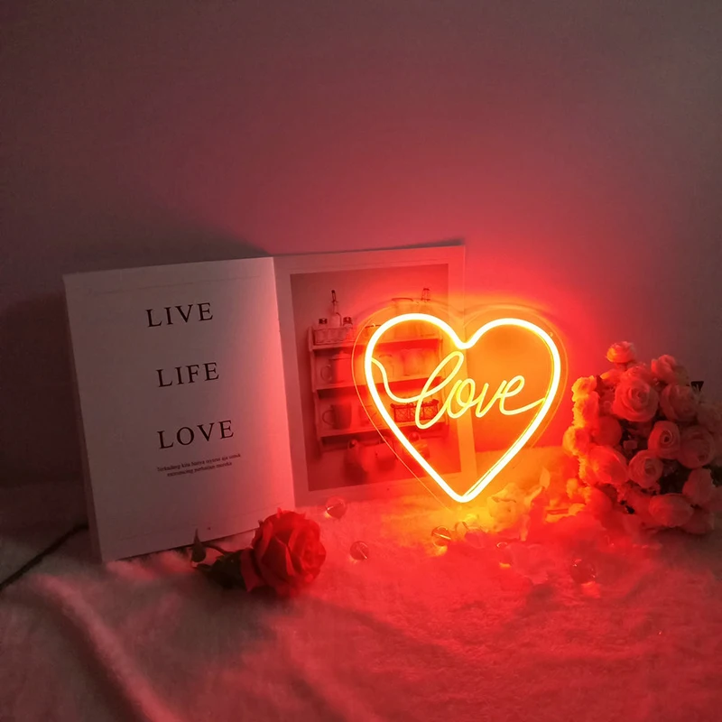 Heart LOVE Sign Neon Light LED Modeling Night Lamp Transparent Backplane USB Powered Decor Room Wall Shop Wedding Birthday