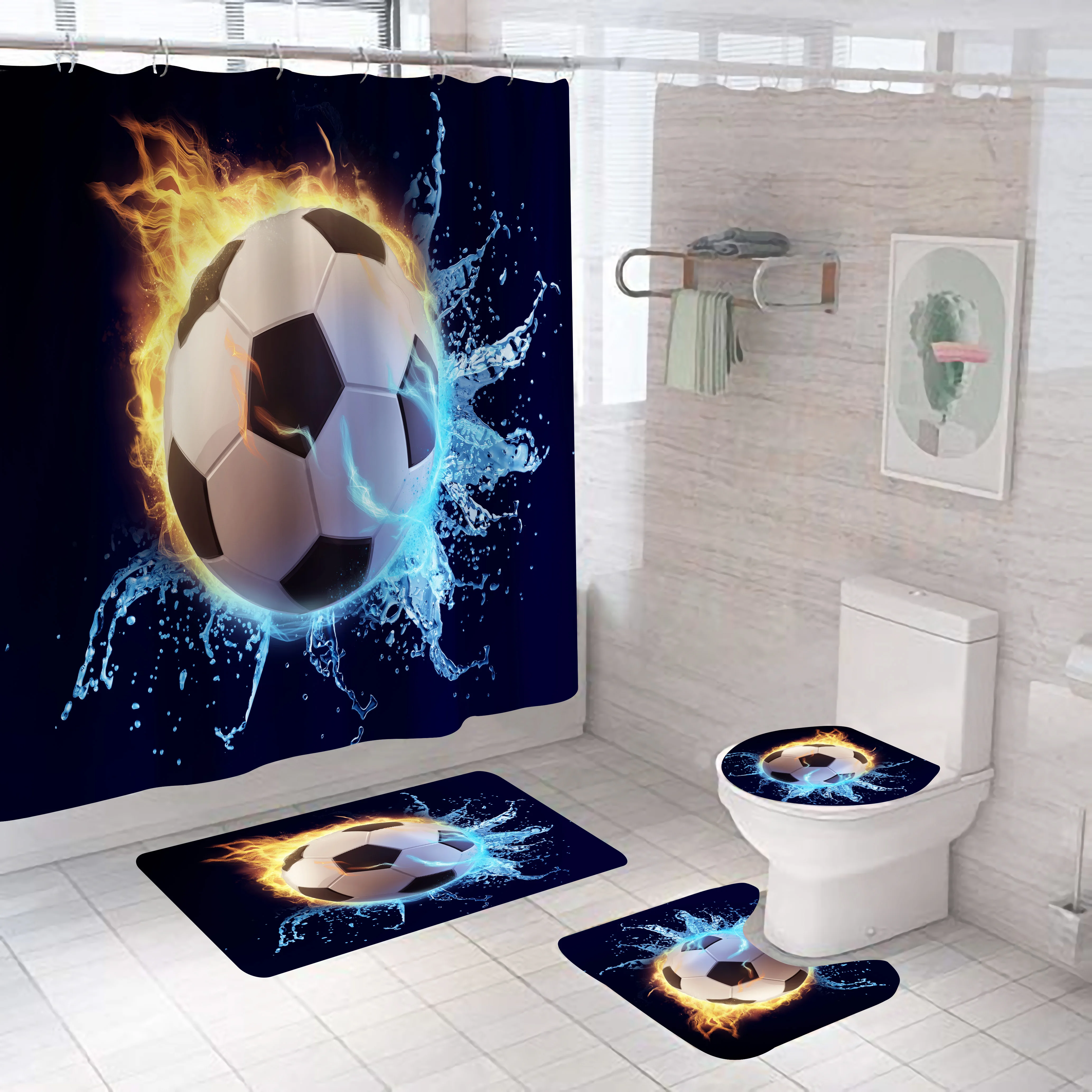 3D Football Shower Curtain Set Bathroom Decor Ball Serise Waterproof Polyester Fabric Home Bath Bathtub Curtain Set With Hooks