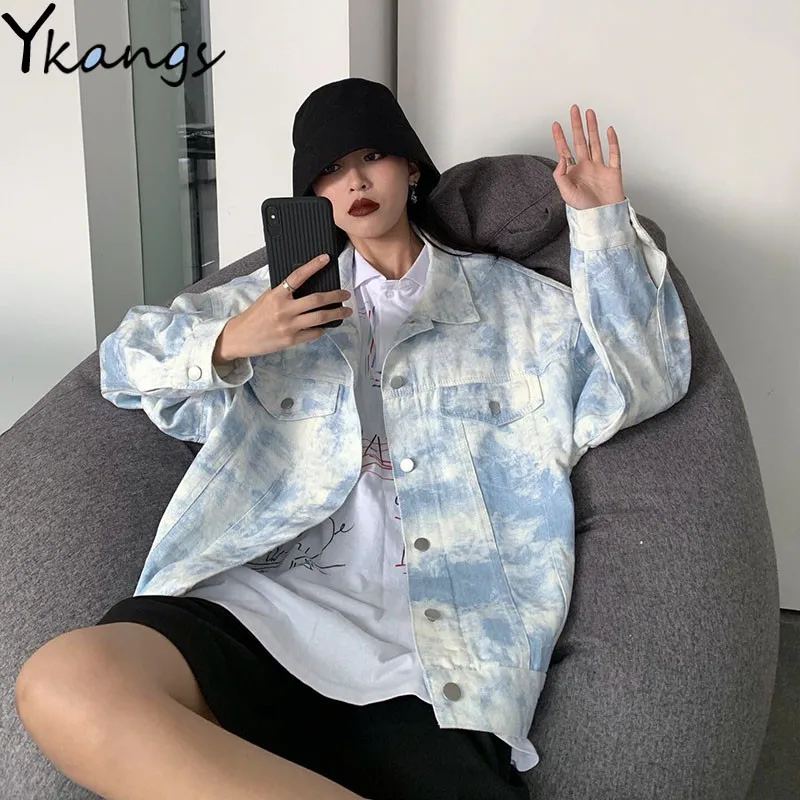 

Harajuku Boyfriends Plus Size White Blue Gradient Jean Jacket Women 2020 New Korean Style Tie-Dye Jacket Shirt Loose Denim Coat