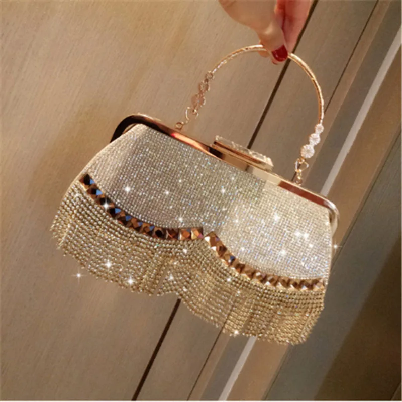 

2020 New Ladies Dinner Purses And Handbags Female Rhinestone Tassels Handbag Party Banquet Mini Wristlets Clutch