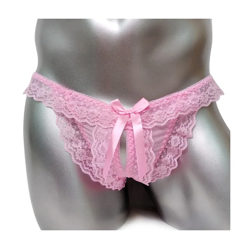 Sexy abrir entrepierna bragas Sissy Flor de hombres de encaje, tangas Tanga Lencería para gays Hombre Ropa interior con orificio para el pene