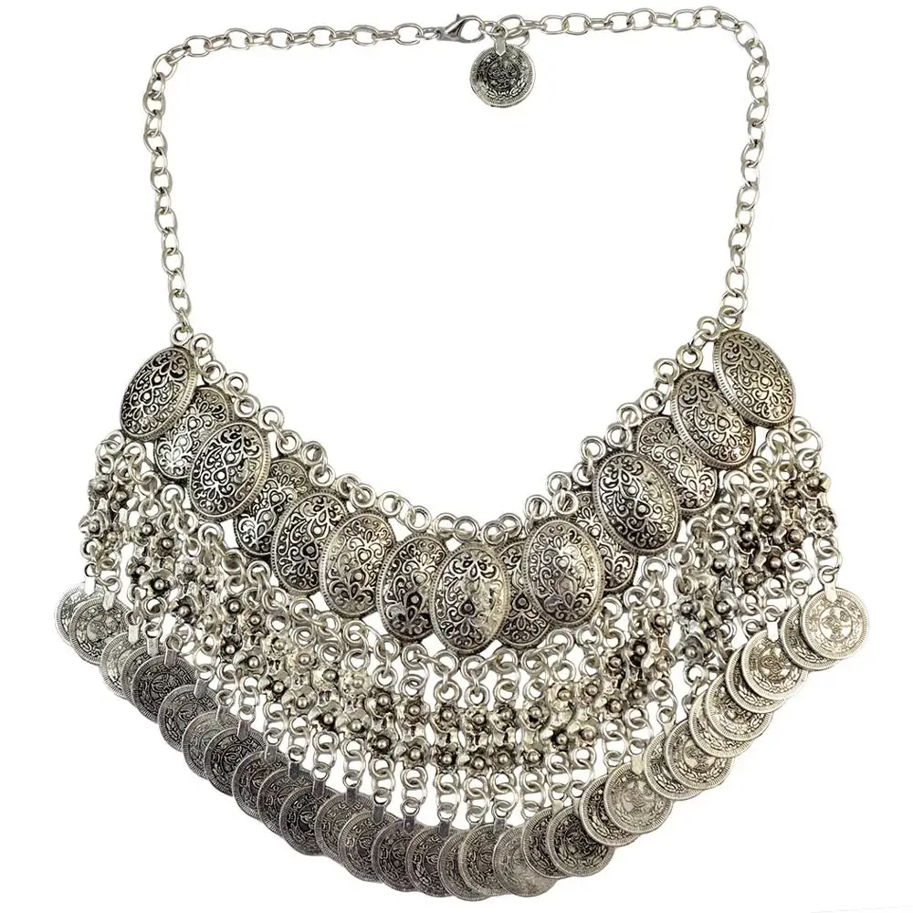 Gypsy Coin Tassel Necklaces for Women Vintage Silver Color Alloy Statement Collar Necklace Vintage Turkish Indian Jewelry Gift