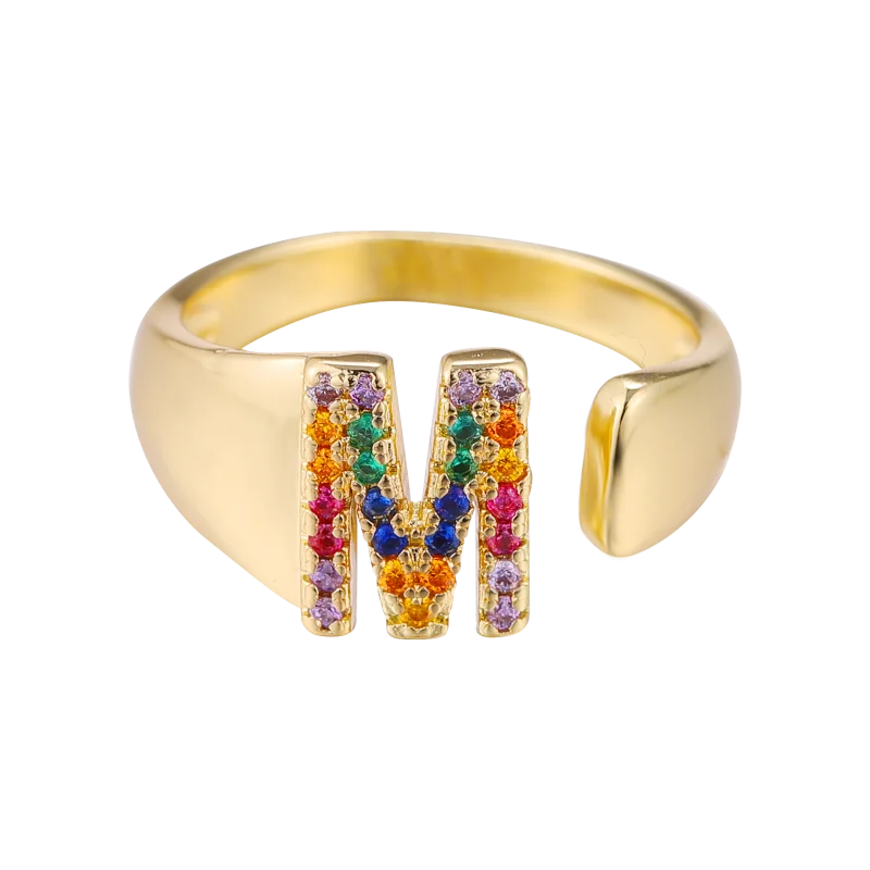 Juya Drop Shipping 18K Real Gold Plated Open Adjustable Initial Letter Rings For Women Men Rainbow Crystals Jewelry Supplies