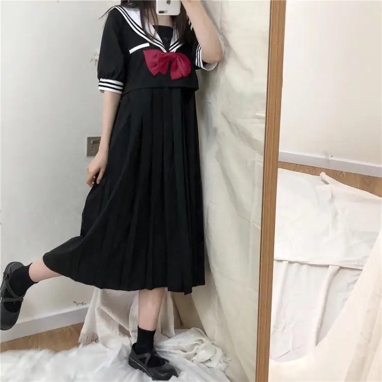 Japanese College Sailor Collar Long-Sleeved Dress Sweet Cute Bow Midi Loose Skirt Women's Summer  school girl uniform