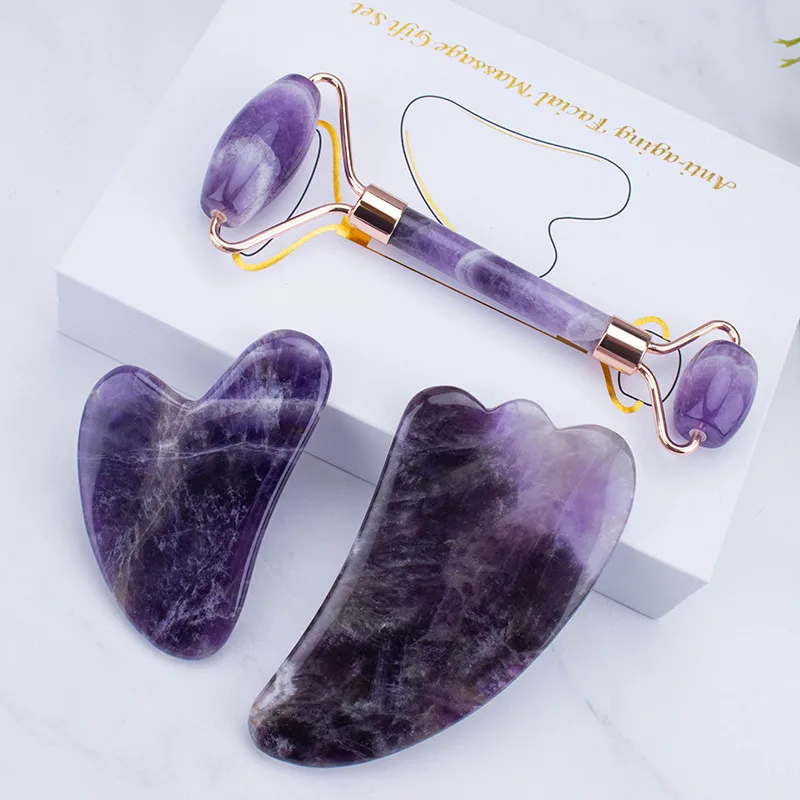 Amethyst Massager Natural Stone Facial Roller Gua Sha Tools Set SPA Acupuncture Scraping Crystal Body Face Health Care Massage