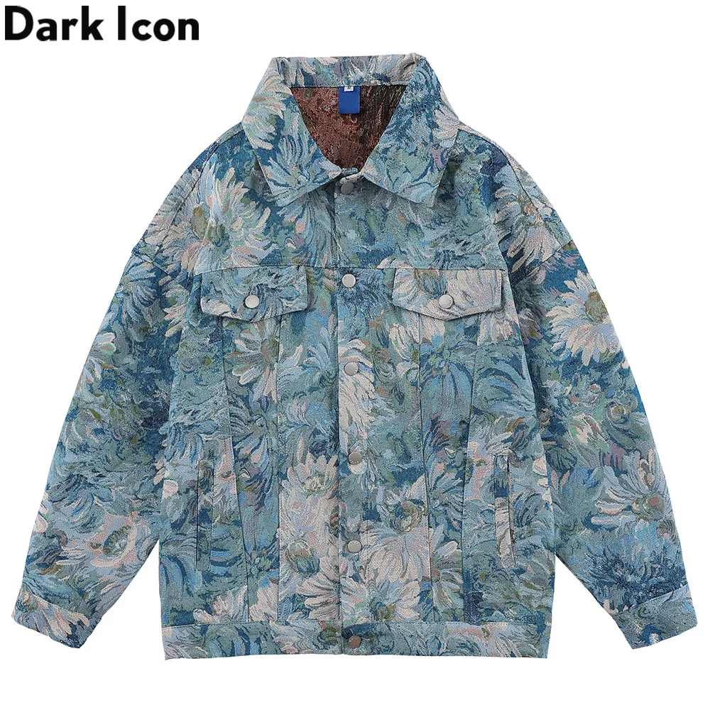 Dark Icon Floral Jacquard Denim Jackets Men Women Oversized Men\'s Jean Jacket Couple Clothing