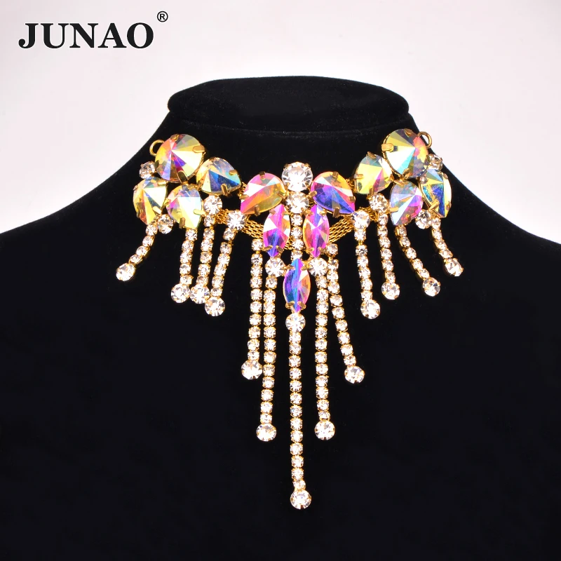 JUNAO 88*100mm 1pcs Sewing Crystal AB Glass Flower Rhinestone Applique Trim Crystal Fringe Strass Buckle for Necklace Decoration