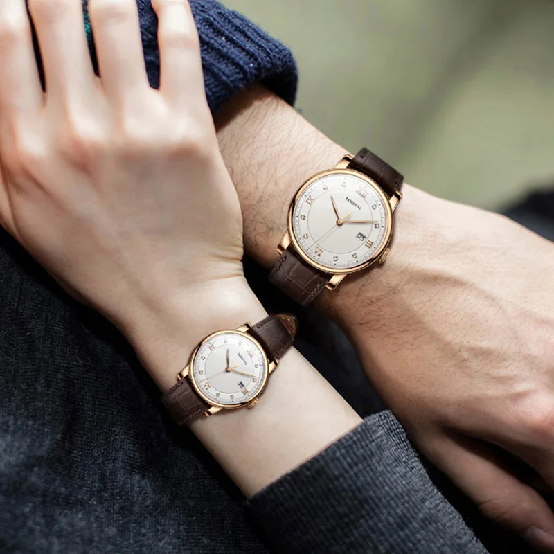 LOBINNI Watch Luxury brand lovers Wristwatch Sapphire Vintage Quartz Watch Leather Strap Couple Watch Men Women Gift