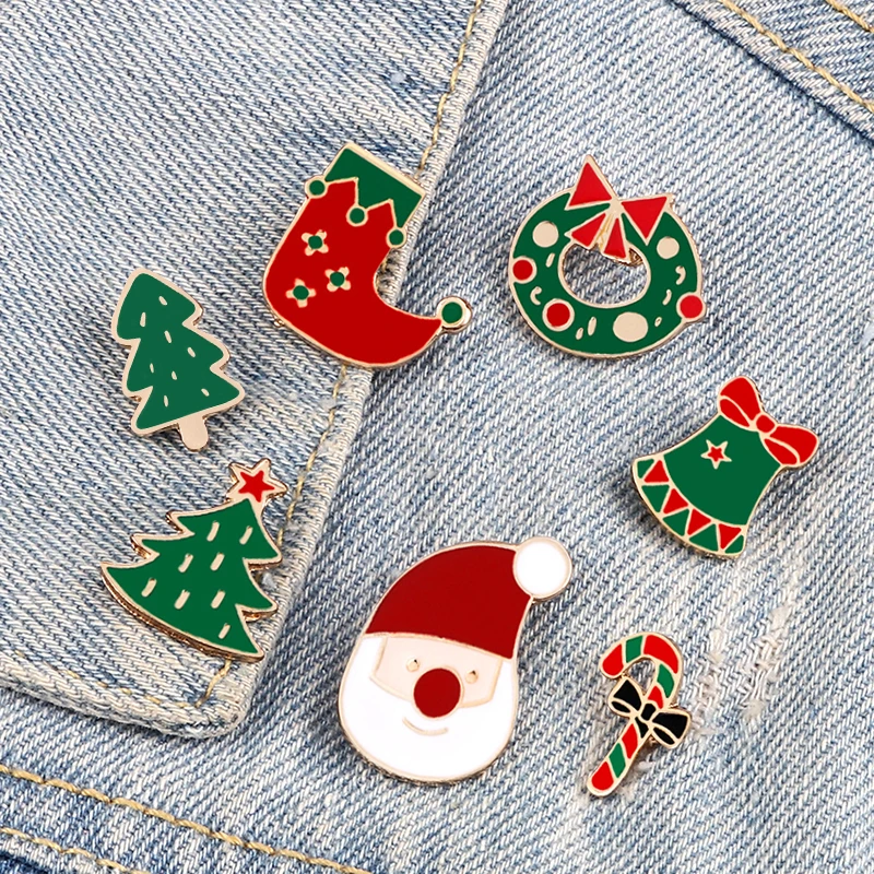 Cartoon Christmas Brooch Santa Claus Christmas Tree Bell Enamel Pins Cute Badge Hat Denim Lapel Pin Festival Party Jewelry Gifts