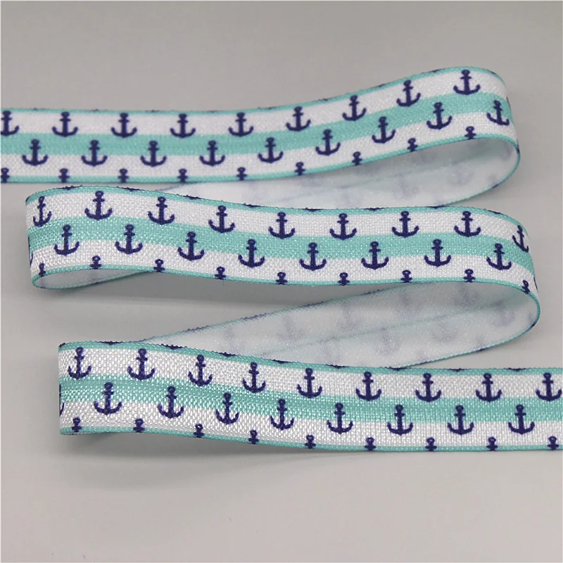 DHK 5/8\'\' 5yards Navy Anchor Sea Boat Printed Fold Elastic FOE Stretch Ribbon Hairbow Headwear Headband DIY OEM 15mm E2004