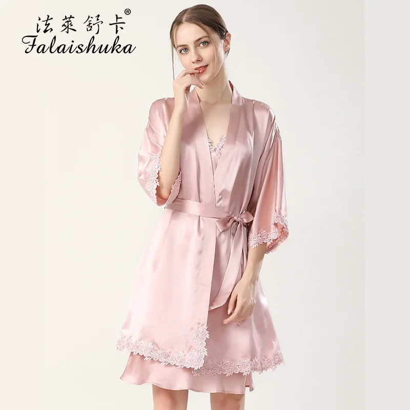 16 momme 100% mulberry silk women robes gown sets spaghetti strap Elegant sexy lace nightdress wedding robes sleepwear S5691