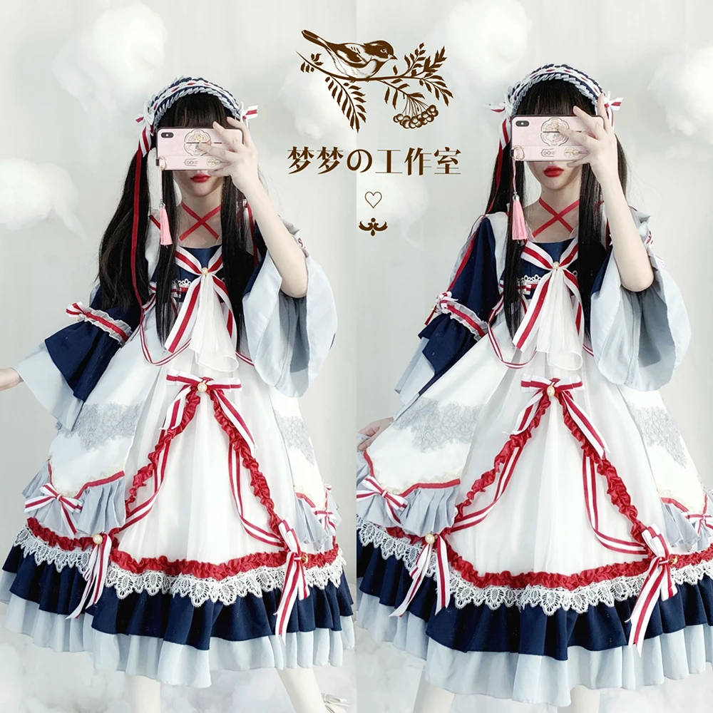 Original Design Genuine Chinese Style Navy  SP Cross Strap Lolita Full Set Lolita Dresses sweet lolita Dress kawaii clothing