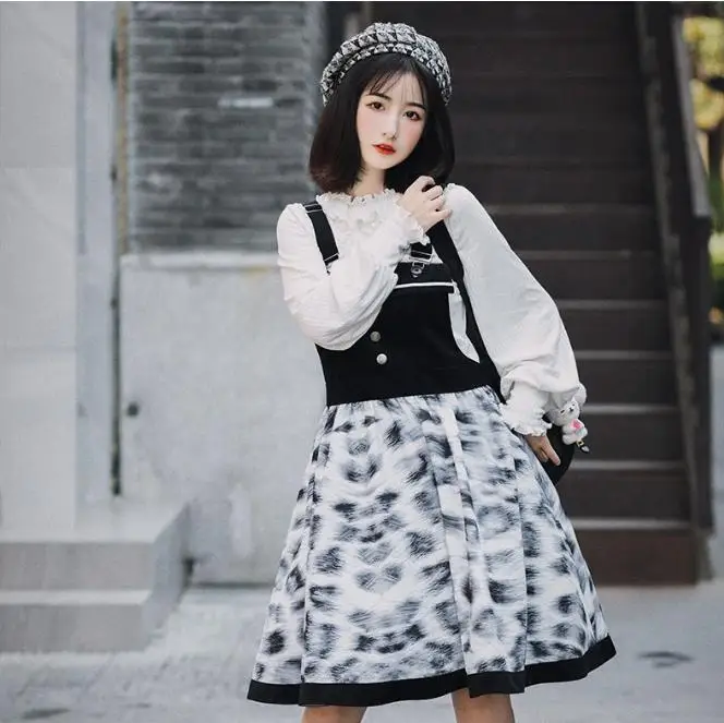 Gothic vintage sweet lolita dress cute bowknot leopard print patchwork victorian dress kawaii girl gothic lolita jsk loli cos