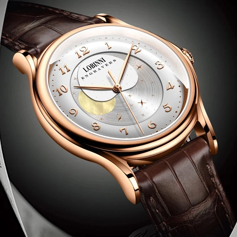 LOBINNI 2021 Top Luxury Brand Men Moon Phase Watch Brown Leather Strap Waterproof Automatic Mechanical Watches