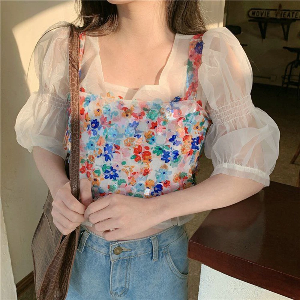 Phụ Nữ 2 Cái Bộ Voan Voan Puff Áo Crop Top Chấm Bi Bling Kim Sa Lấp Lánh Thời Trang Dạo Phố Bông Tai Kẹp Phong Cách Hàn Quốc Sang Trọng Yếm