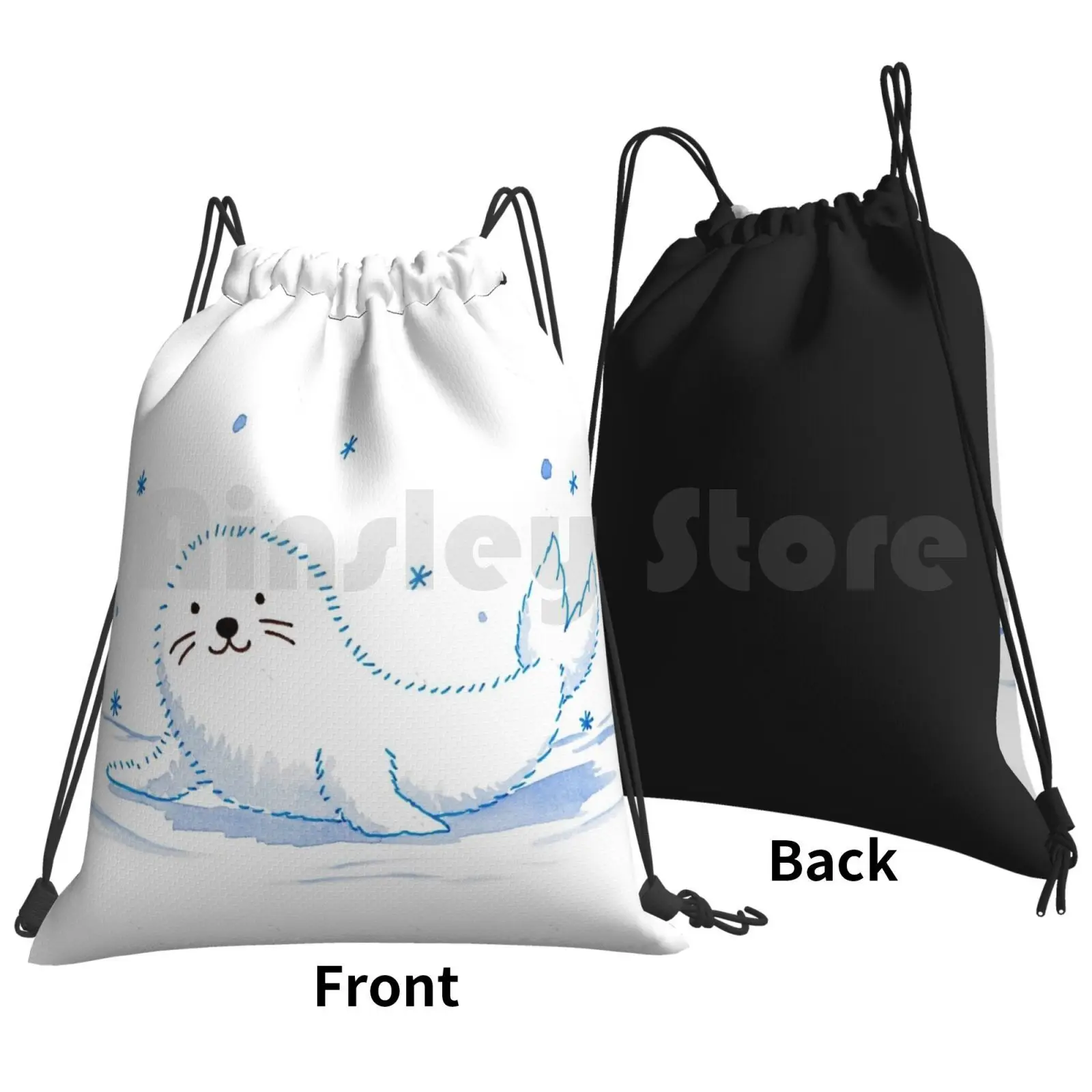 Baby Seal Backpack Drawstring Bag Riding Climbing Gym Bag  Seal Baby Kid Children Watercolor Animal Cute Pretty Snow Winter