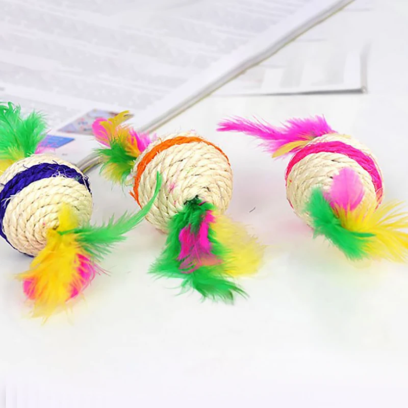 2PCS Cat Ball Toy Non-Toxic Fake Feather Kitten Teaser Toy Pet Bite Toy Attractive Puppy Training Toy Pet Supplies Random Color