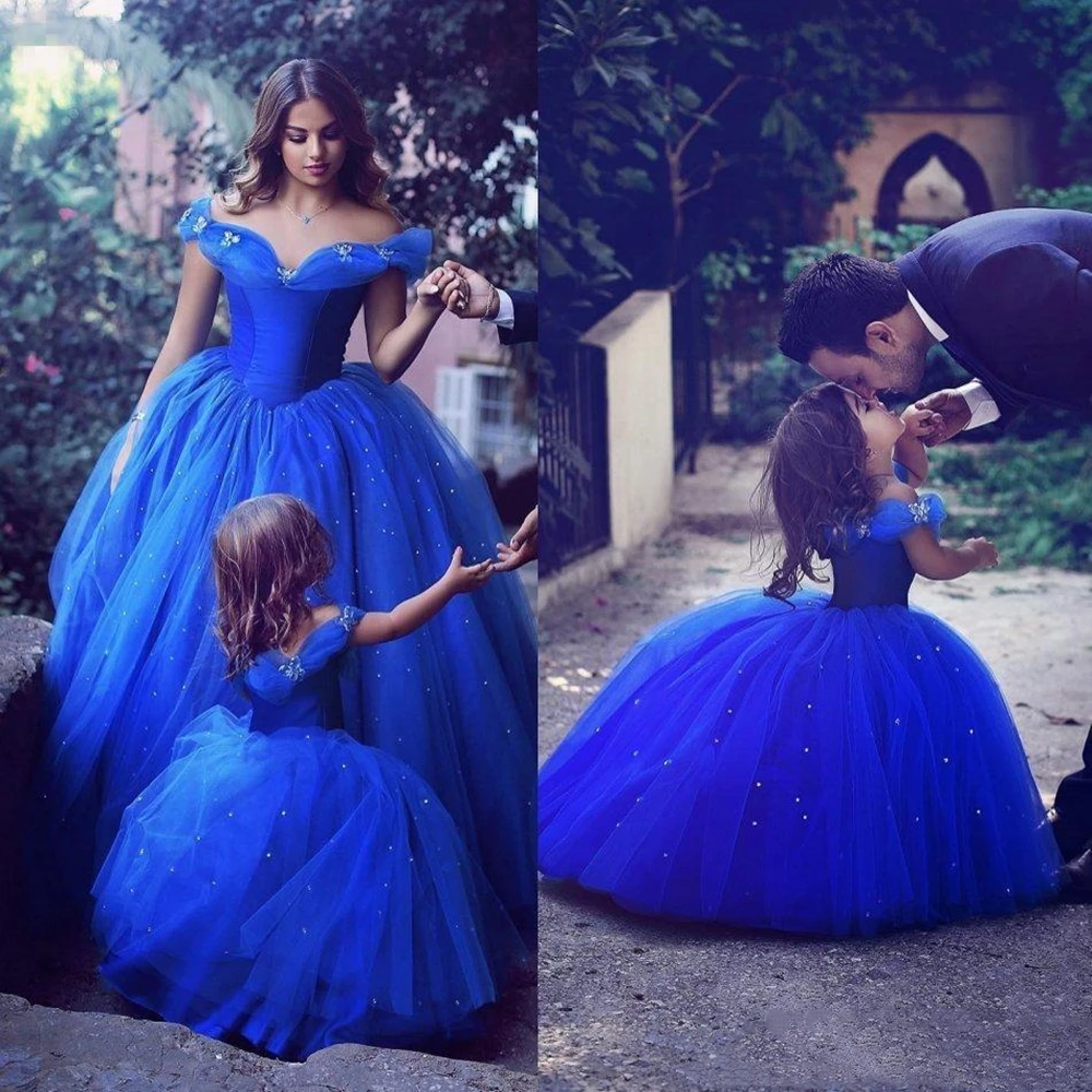 Vestidos adorables de Cenicienta para niña, ocasiones especiales para bodas, vestidos de desfile azul para niños, vestido de baile con cuentas y hombros descubiertos