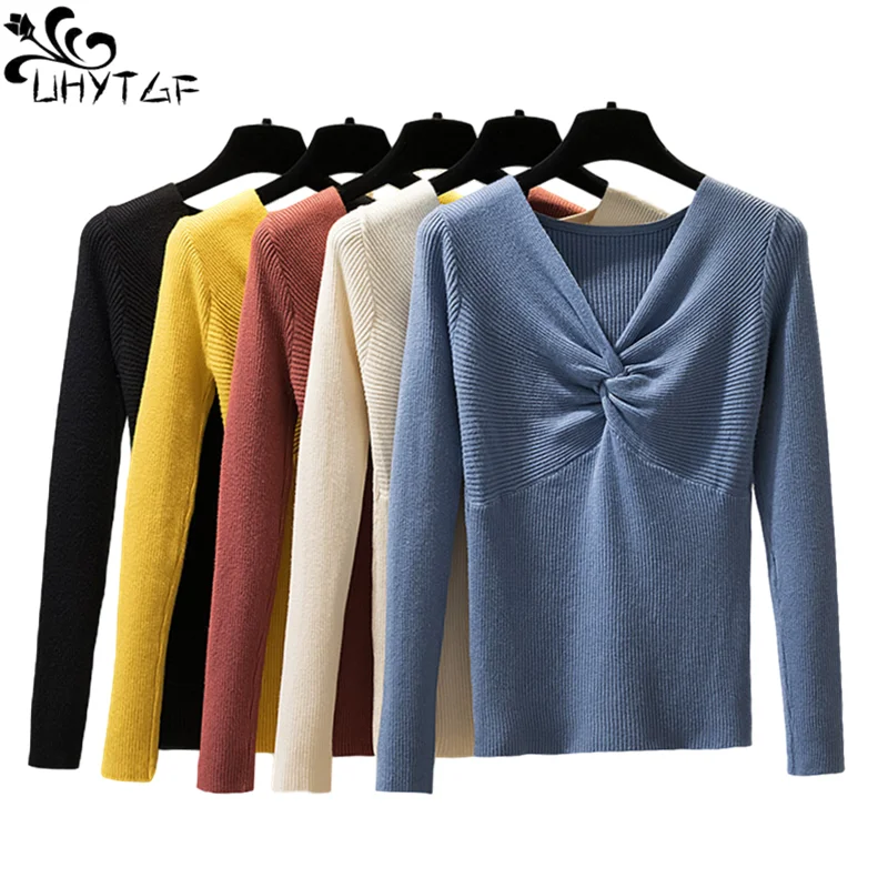 

UHYTGF Pullover Sweater Women Knit Sweater Tops Spring Autumn Clothes Woman Sweaters Long Sleeve Short Sweater Pull Femme 892