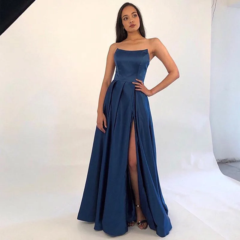 

wei yin AE0463 Long Prom Dress Strapless A-line Front Split Robe De Soiree Simple Satin Full Length Special Occasion Gowns