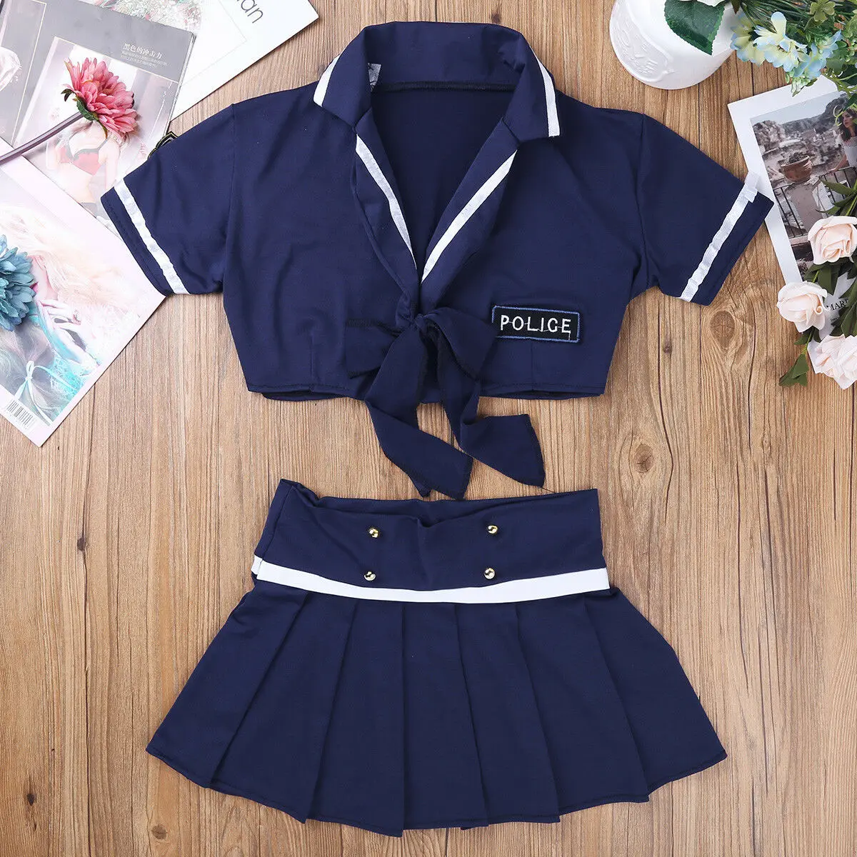 Polizia erotica donne poliziotto uniforme Air Hostess gioco di ruolo Front Open Crop Top Mini gonna Lingerie Set Costume fantasia Plus Size XXXL