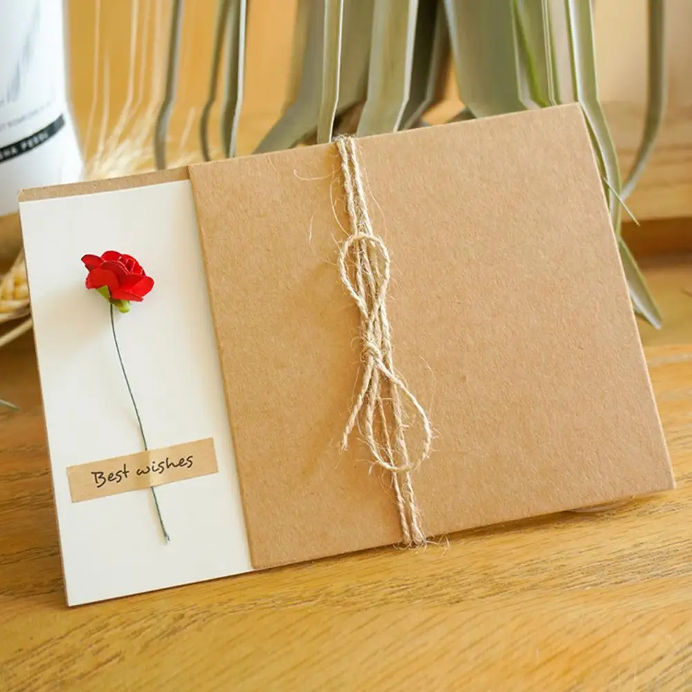 Valentine\'s Day Card Artificial Flower Kraft Paper Handmade Creative Birthday Greeting Cards Baby Bridal Shower Thank-You Card