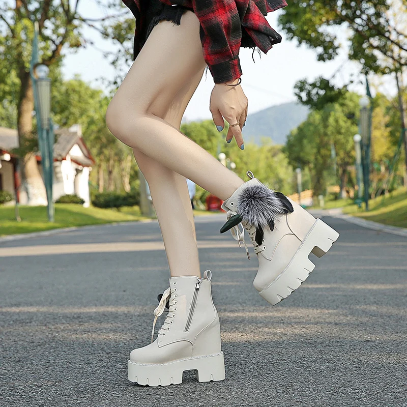 Women Platform Ankle Boots 2022 Winter Warm Fur Short Motorcycle Boots Woman 12CM High Heel Shoes Thick Sole Wedges Short Boots