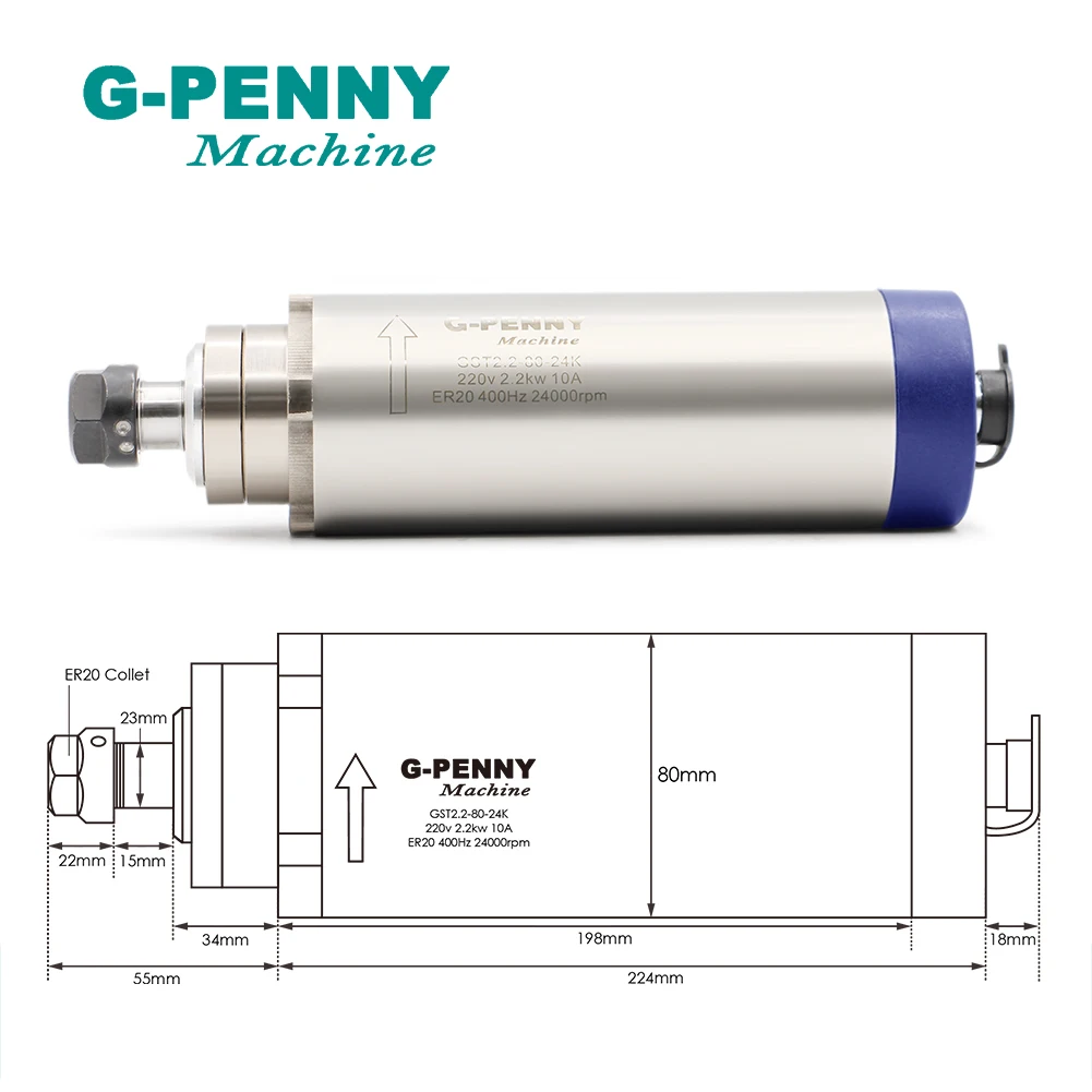 220V 2.2KW ER20 CNC Air Cooled Spindle Motor 80mm Air Cooling 4Bearings & 2.2kw VFD inverter& 80mm aluminum bracket